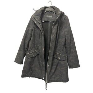 GUESS Women’s Hooded Coat Zip Front Black Pattern Size XL